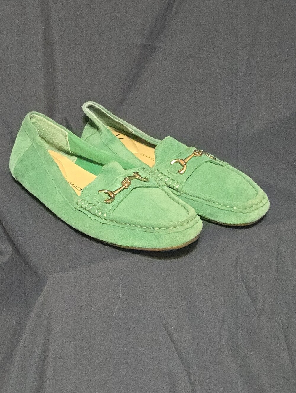 Isaac Mizrahi Teal Annie Moc Toe Suede Loafers - Gold Horsebit Accent - Size 6